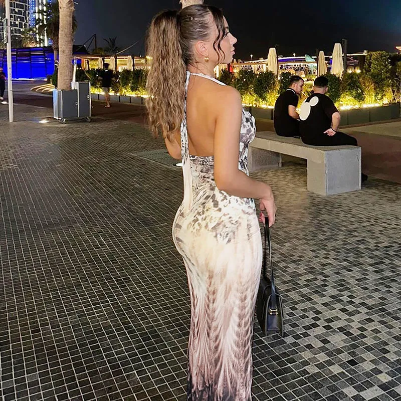 Shannon Backless Print V-neck Lace Up Sexy Maxi Dress