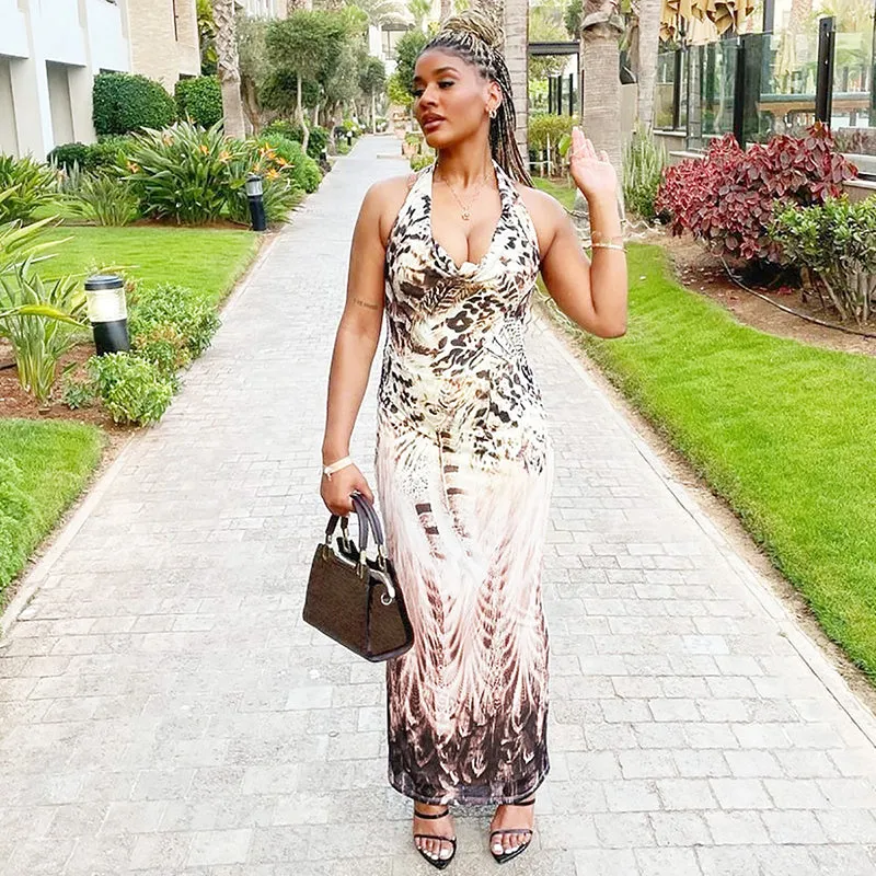 Shannon Backless Print V-neck Lace Up Sexy Maxi Dress