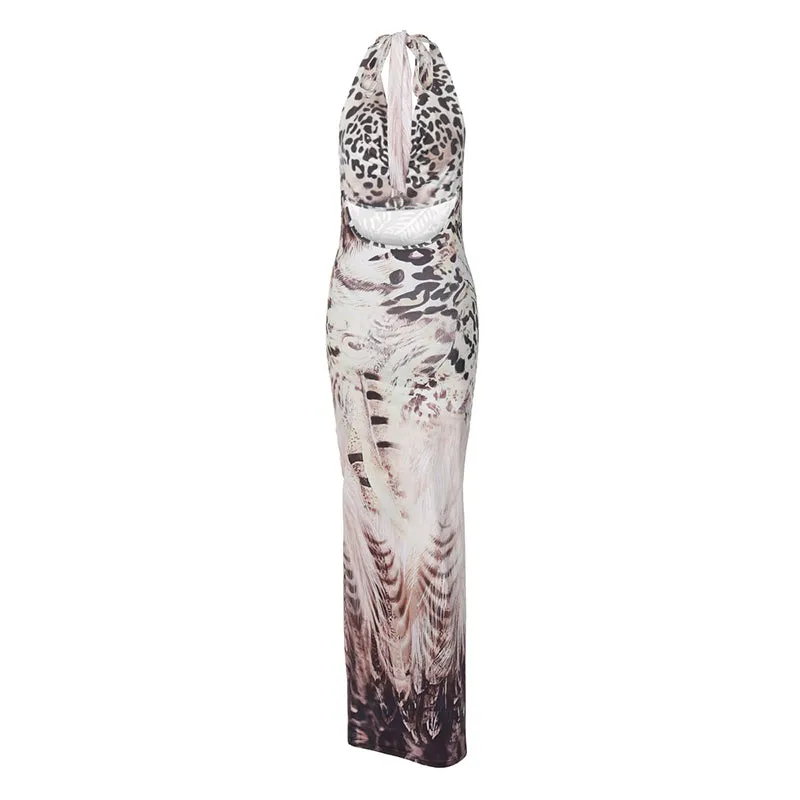 Shannon Backless Print V-neck Lace Up Sexy Maxi Dress