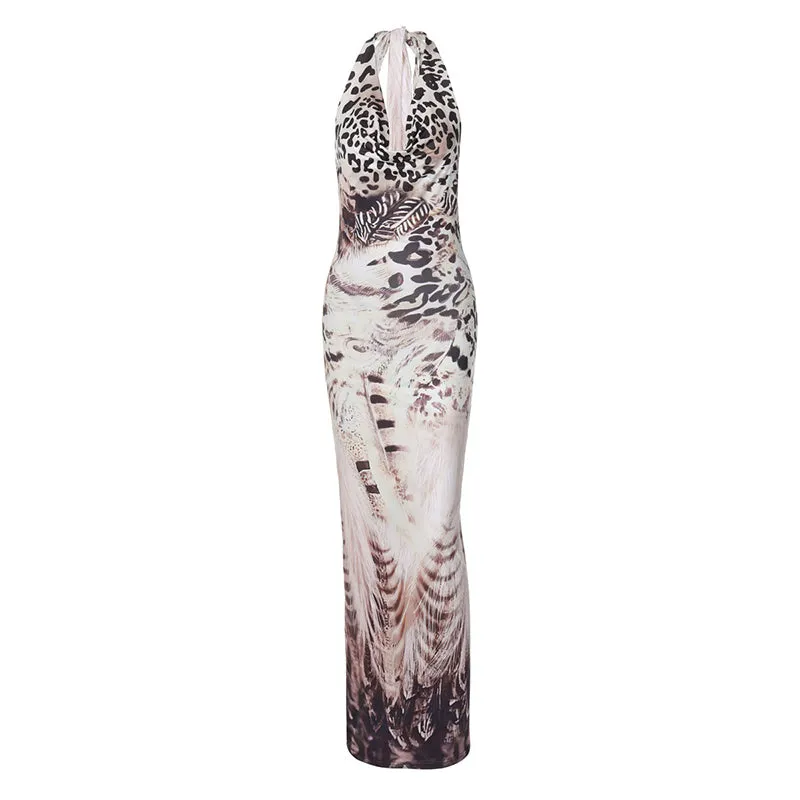 Shannon Backless Print V-neck Lace Up Sexy Maxi Dress