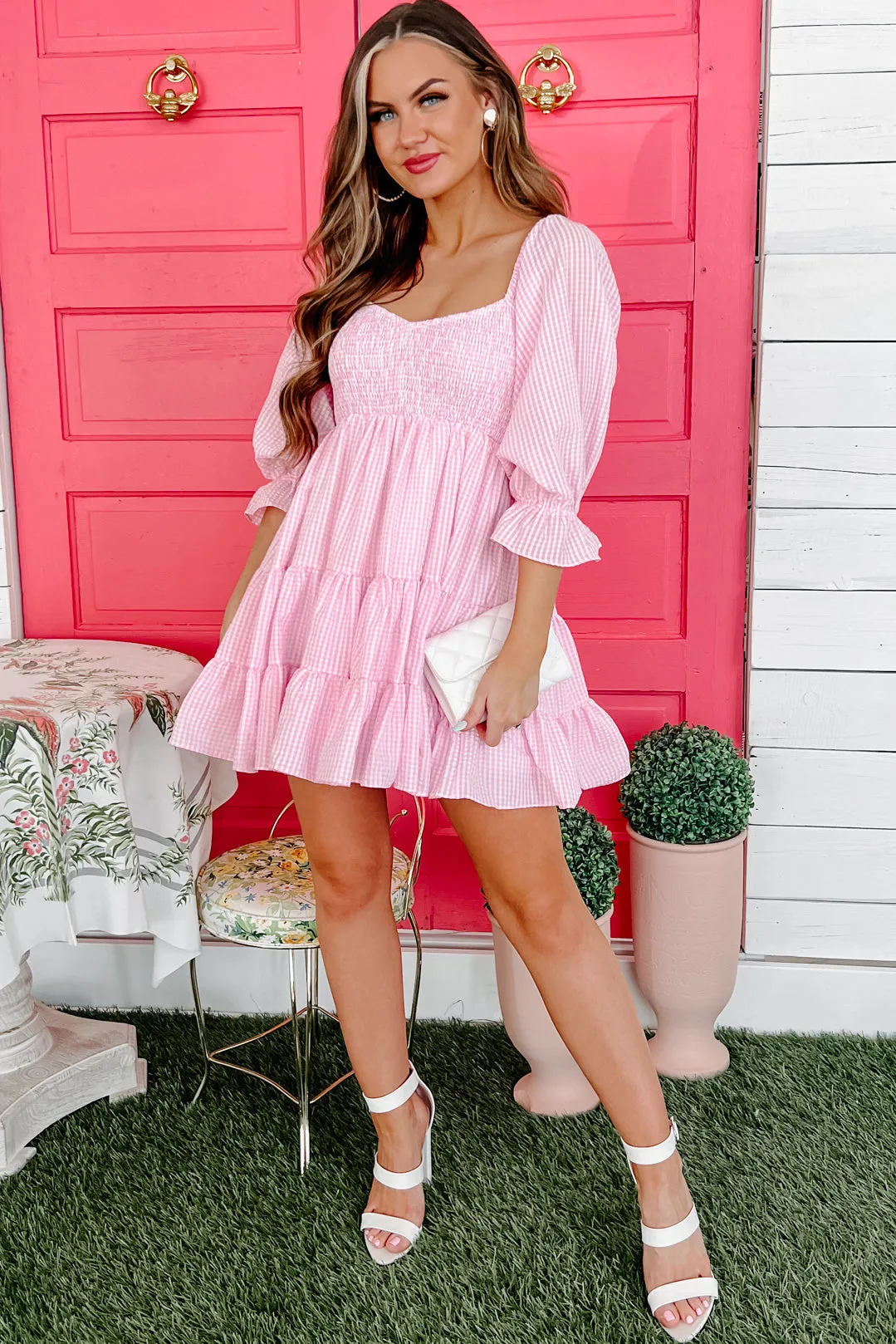 Southern Social Gingham Babydoll Dress (Pink)