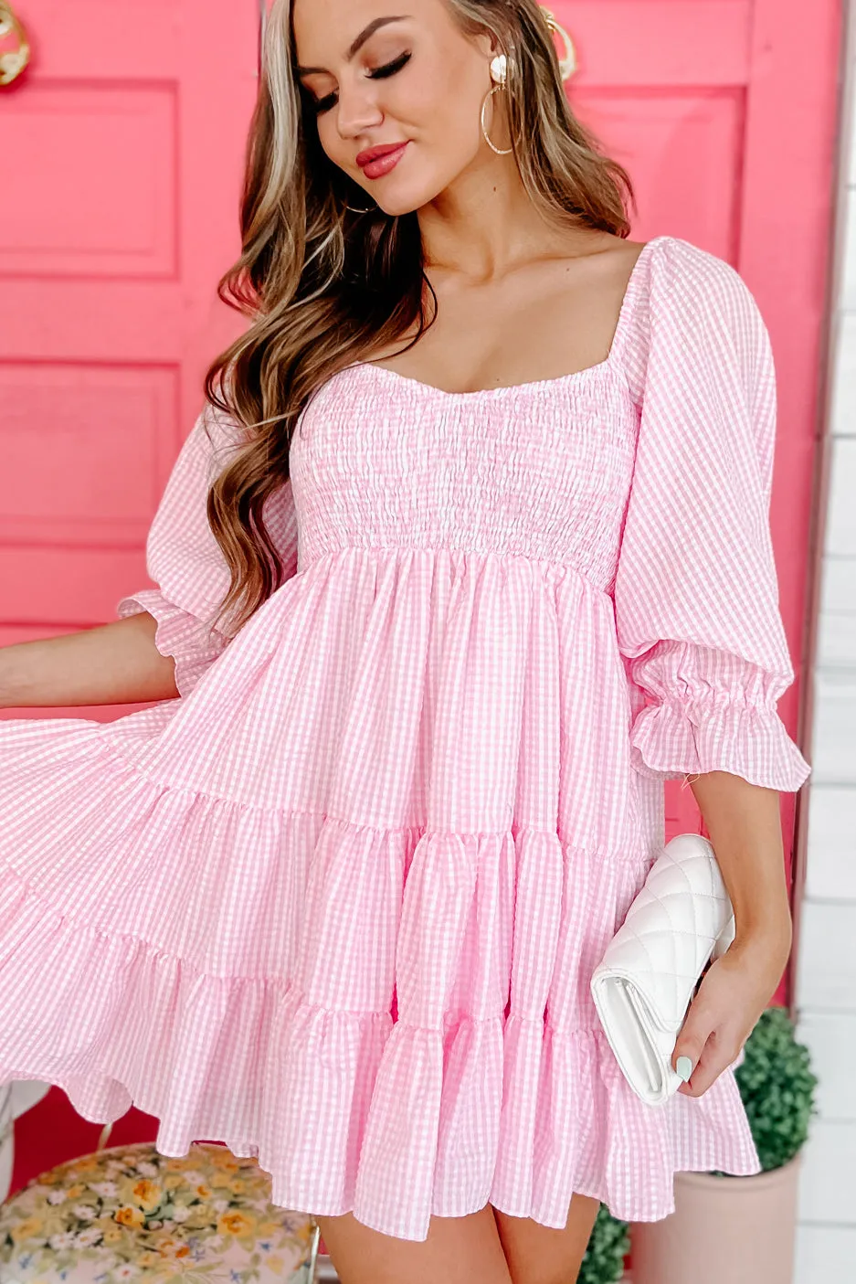 Southern Social Gingham Babydoll Dress (Pink)