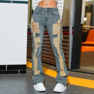 Trend Ripped Denim Woman Casual High  Jeans