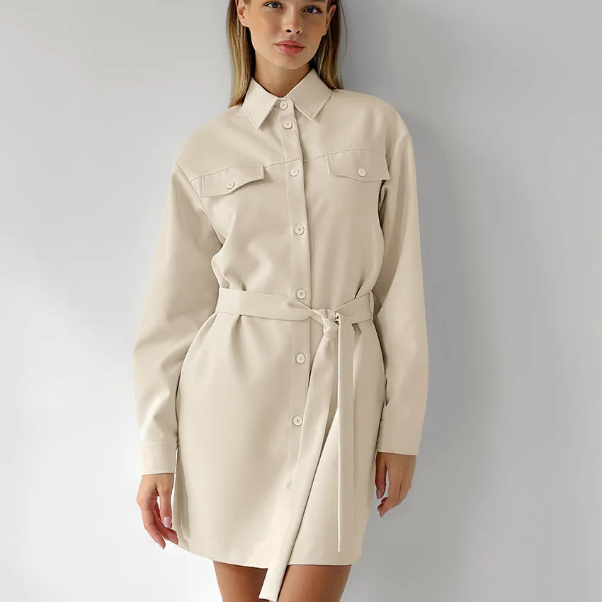 Women's Fashion Khaki Collared Drop Shoulder Pocket Vintage Dress