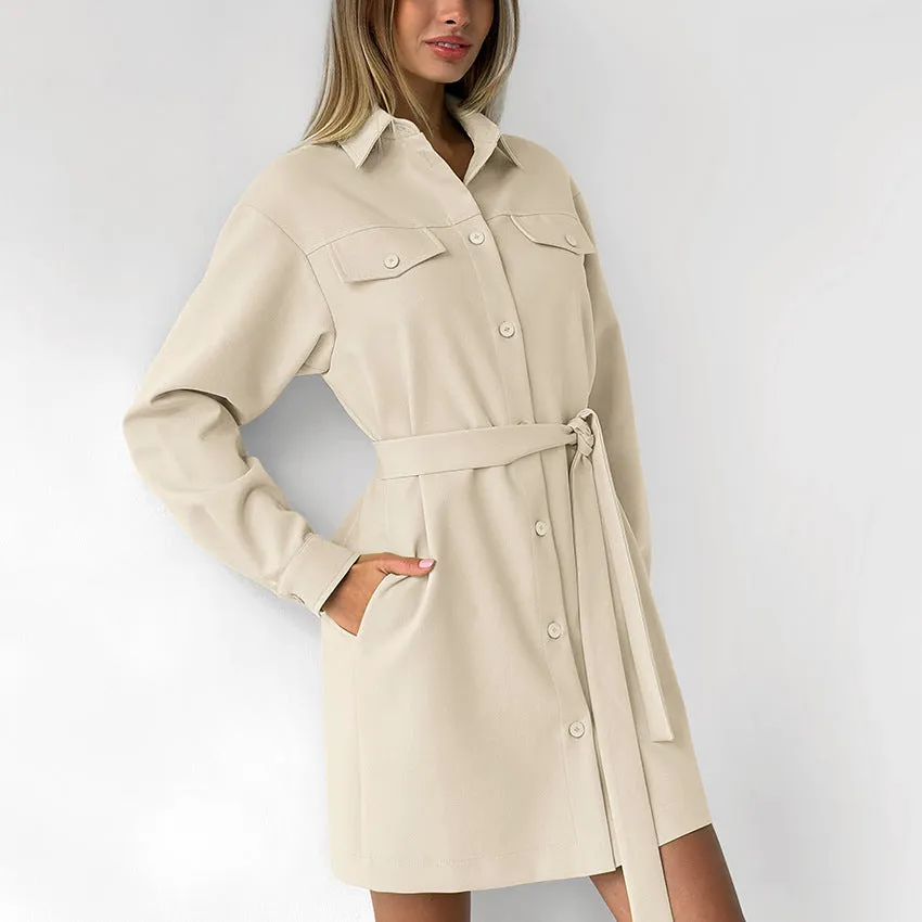 Women's Fashion Khaki Collared Drop Shoulder Pocket Vintage Dress