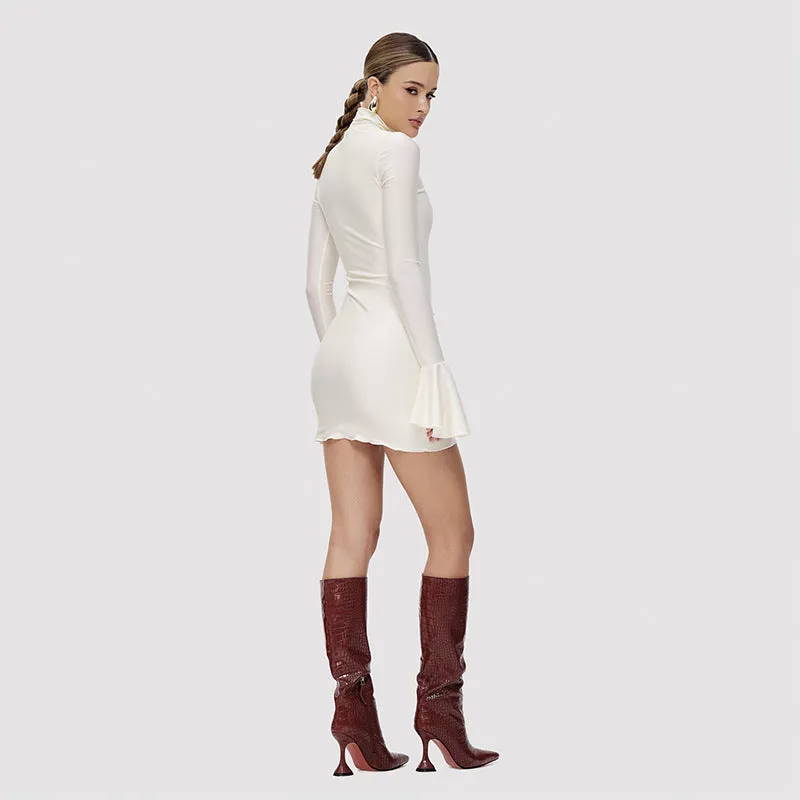 Women's Fashion Solid Color High Neck Flare Sleeve Dress