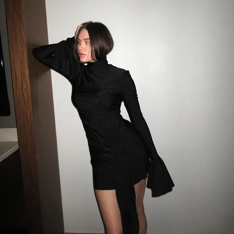 Women's Fashion Solid Color High Neck Flare Sleeve Dress