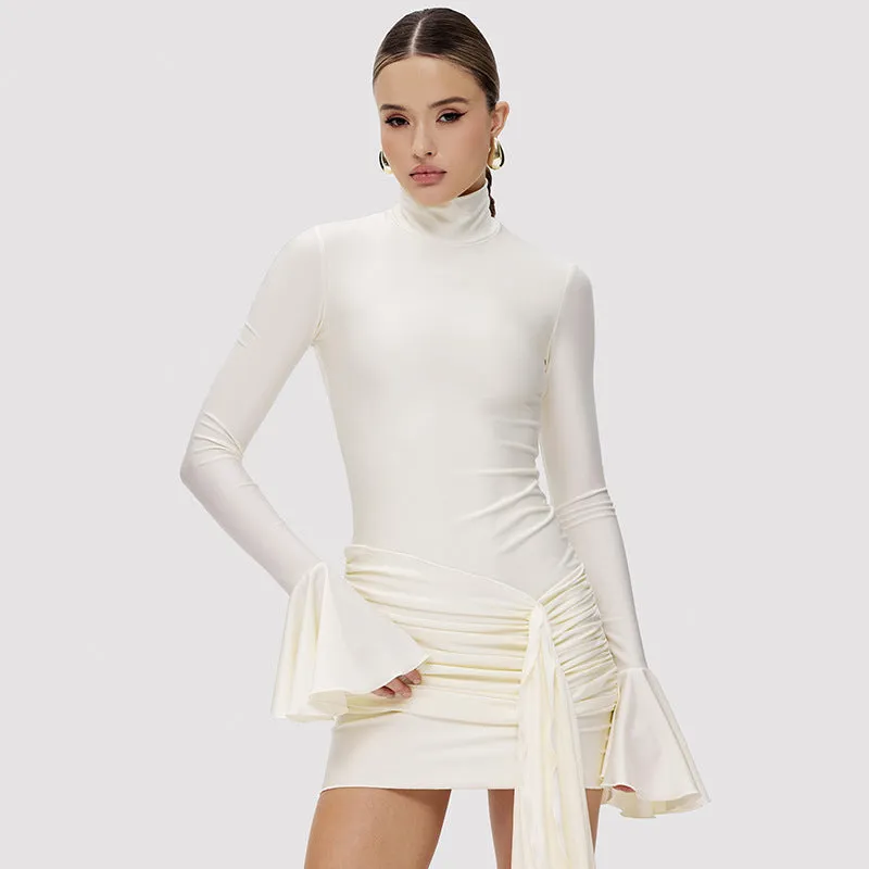 Women's Fashion Solid Color High Neck Flare Sleeve Dress