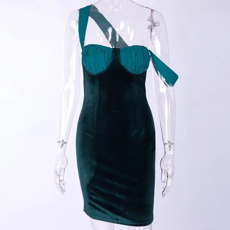 Women's One Shoulder Velvet High Waist Dress