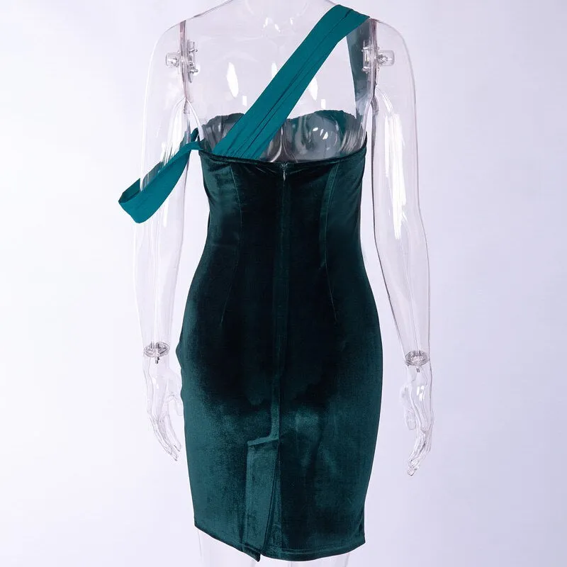 Women's One Shoulder Velvet High Waist Dress