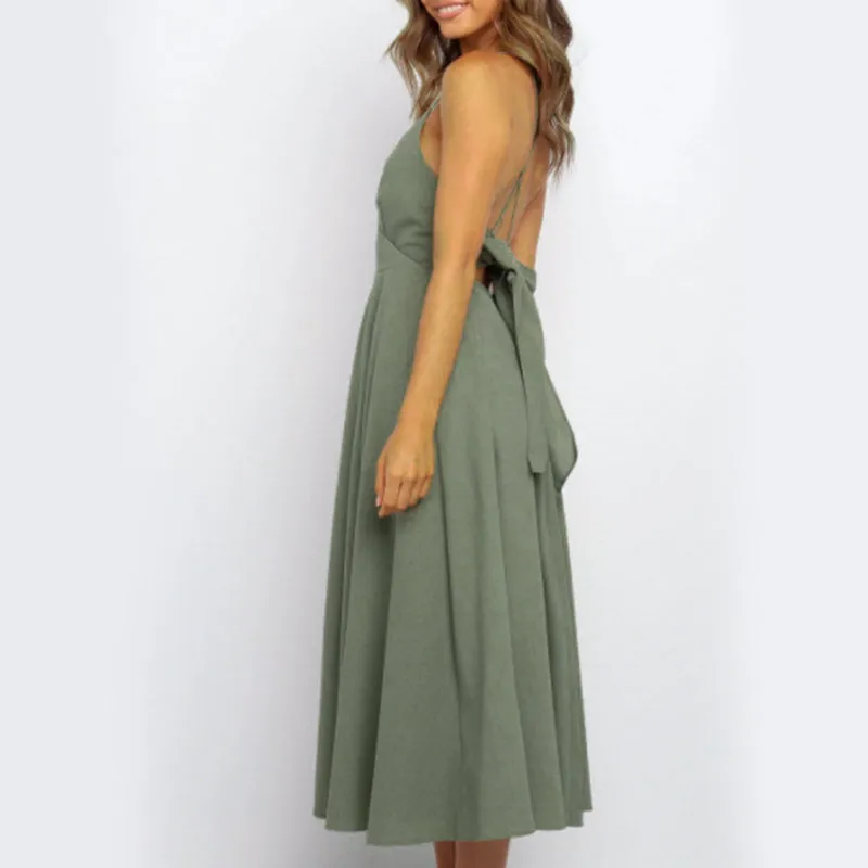 Women's Summer Casual V-Neck Backless Midi Dress