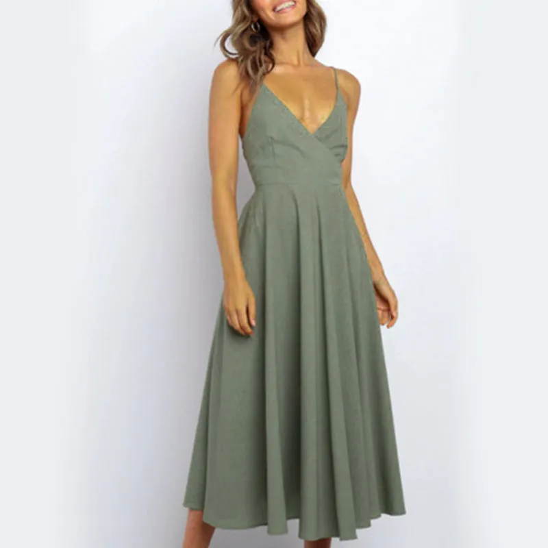 Women's Summer Casual V-Neck Backless Midi Dress