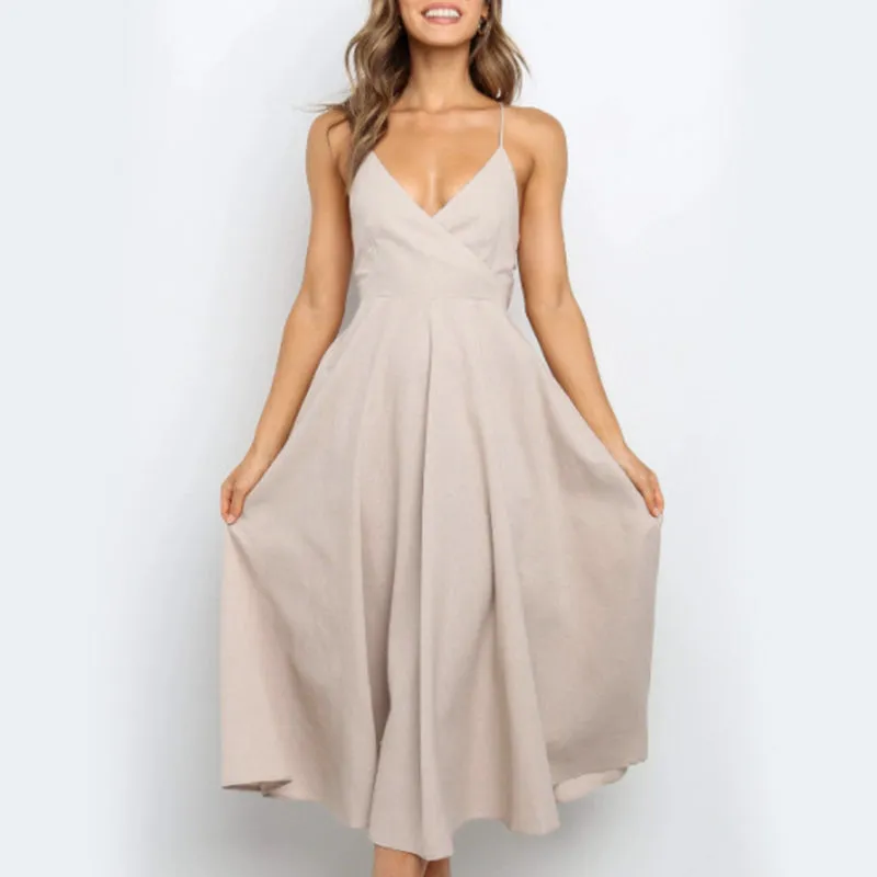 Women's Summer Casual V-Neck Backless Midi Dress