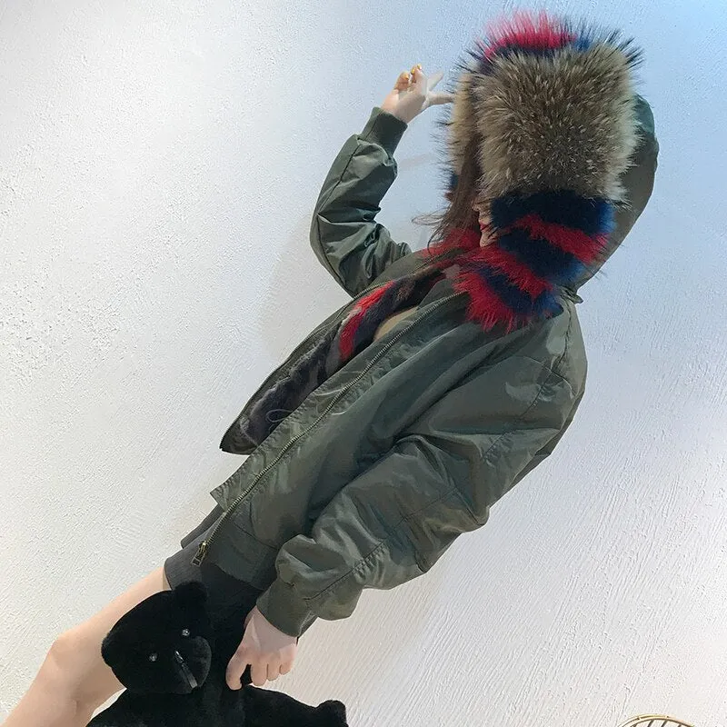 Women's Winter Casual Hooded Polyester Parka With Mink Fur